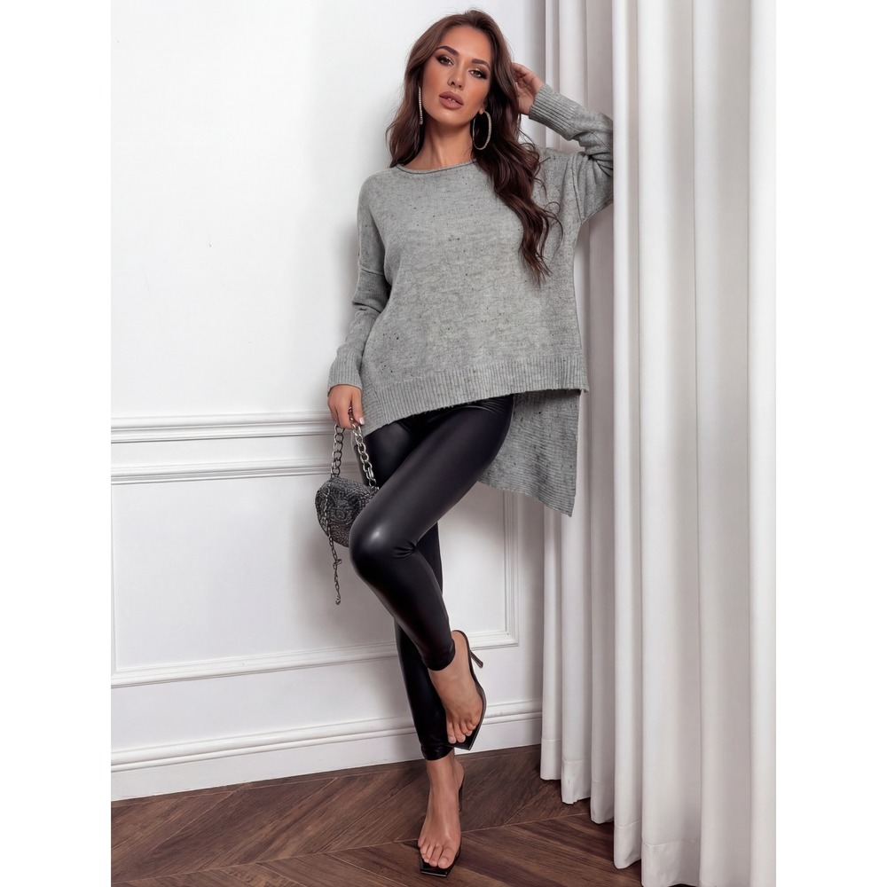 Olivia Sky MS381 Asymmetric High-Low‎ Tunic Sweater Small Gray Speckled Knit